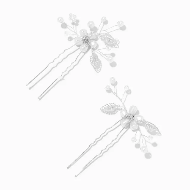 Claire's Silver-tone Pearl Rhinestone Bow Hair Pins - 2 Pack