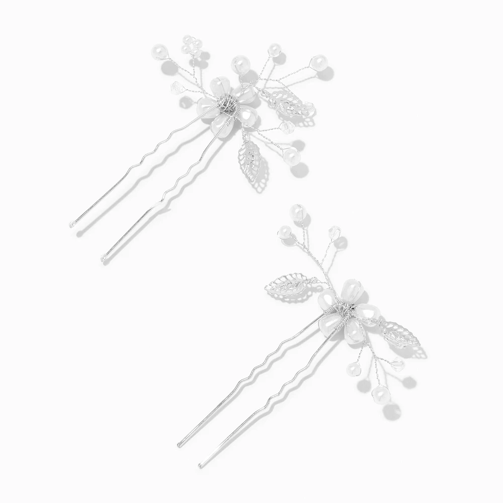 White Pearl Leaf Spray Hair Pins - 2 Pack