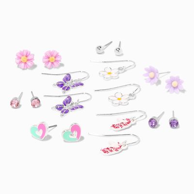 Silver Floral Butterfly Stud & Drop Earrings (9 Pack)