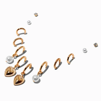 Gold-tone Heart Pearl Earring Stackables Set - 6 Pack