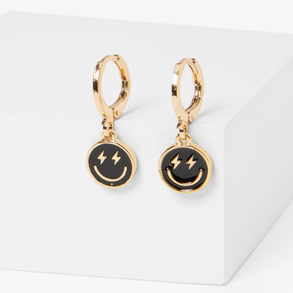 Black Happy Face Gold-tone 20MM Huggie Hoop Earrings