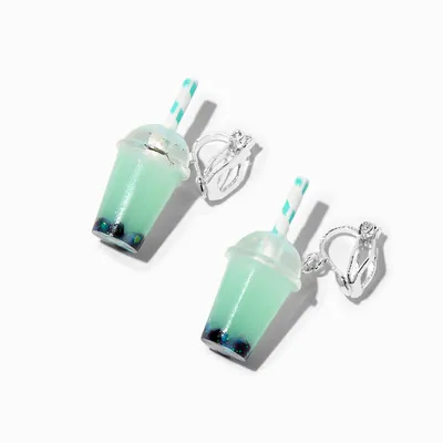 Silver 0.5" Mint Bubble Tea Clip On Drop Earrings