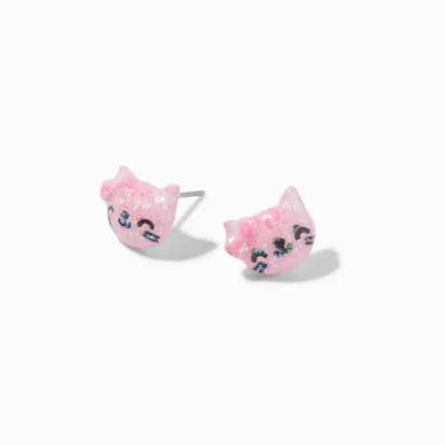 Pink Glitter Cat Stud Earrings