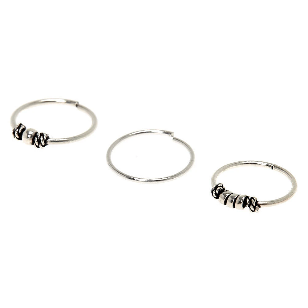 Sterling Silver 21G Bali Beaded Hoop Nose Rings - 3 Pack