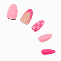 Pink Checkered French Tip Stiletto Vegan Faux Nail Set - 24 Pack