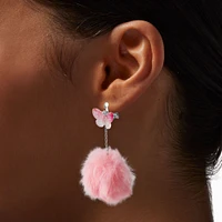 Pink Butterfly Pom Pom 2" Clip-On Drop Earrings