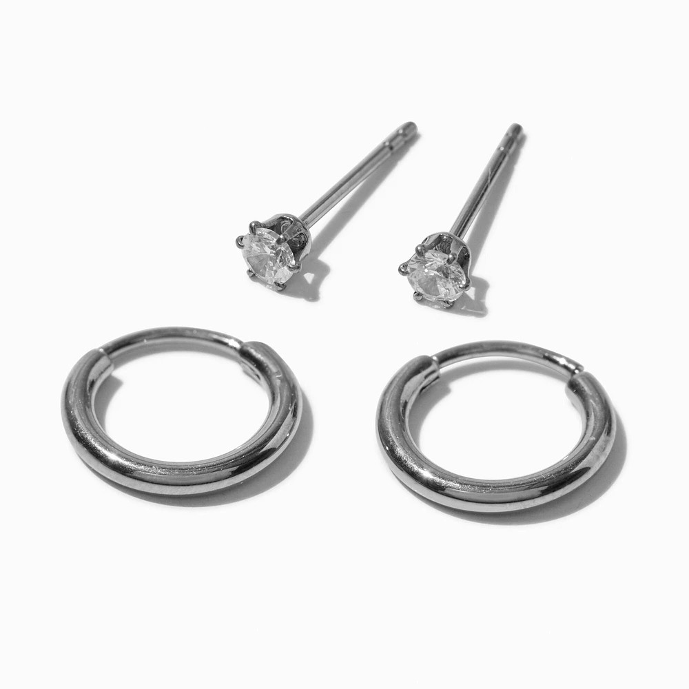 C LUXE by Claire's Silver-tone Titanium Cubic Zirconia Studs & Clicker Hoop Earrings - 2 Pack