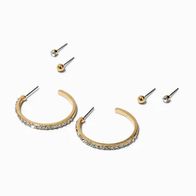 Gold-tone Crystal 25MM Hoop Earrings Stack - 3 Pack