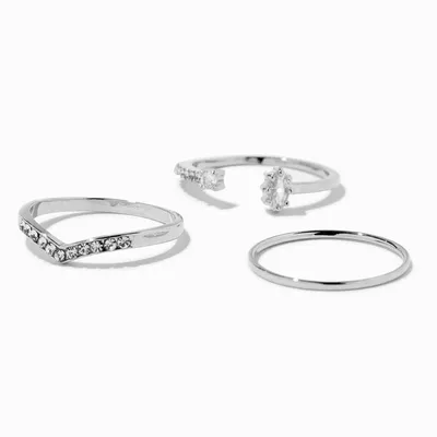 Silver Cubic Zirconia Chevron Ring Set - 3 Pack
