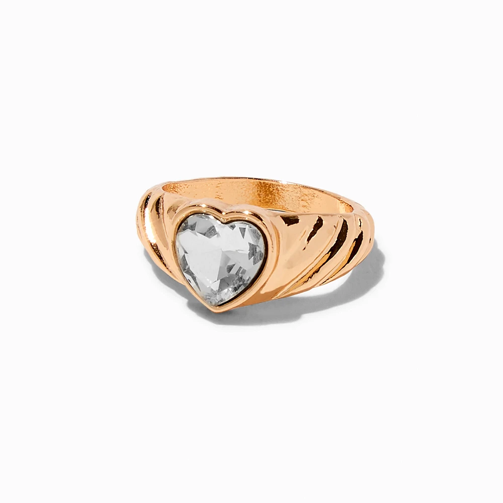 Gold-tone Textured Clear Heart Ring