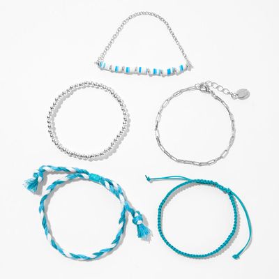 Silver & Blue Beaded & Woven Bracelet Set - 5 Pack