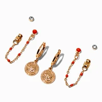 Gold-tone Sunburst Coin Orange Chain Earring Stackables Set - 3 Pack