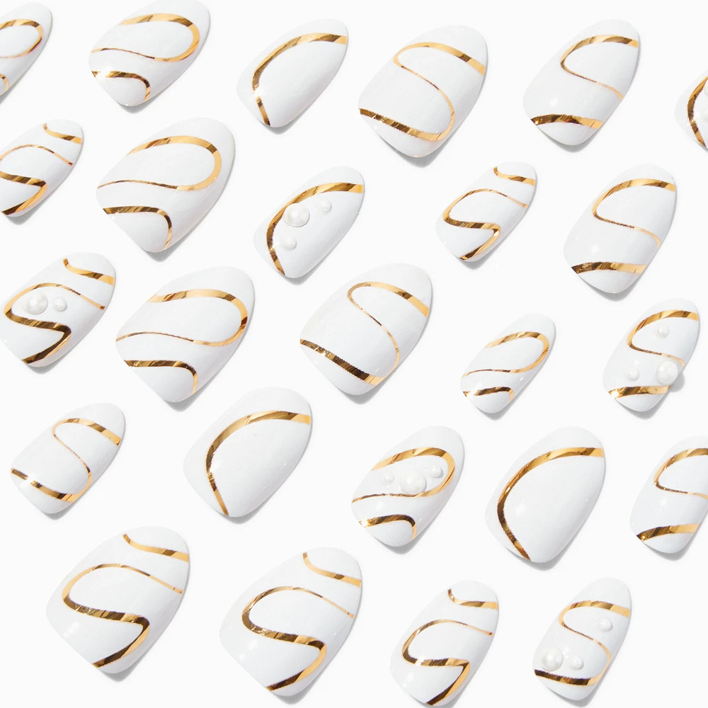 Gold Squiggle & Pearl Short Almond Vegan Faux Nail Set - 24 Pack