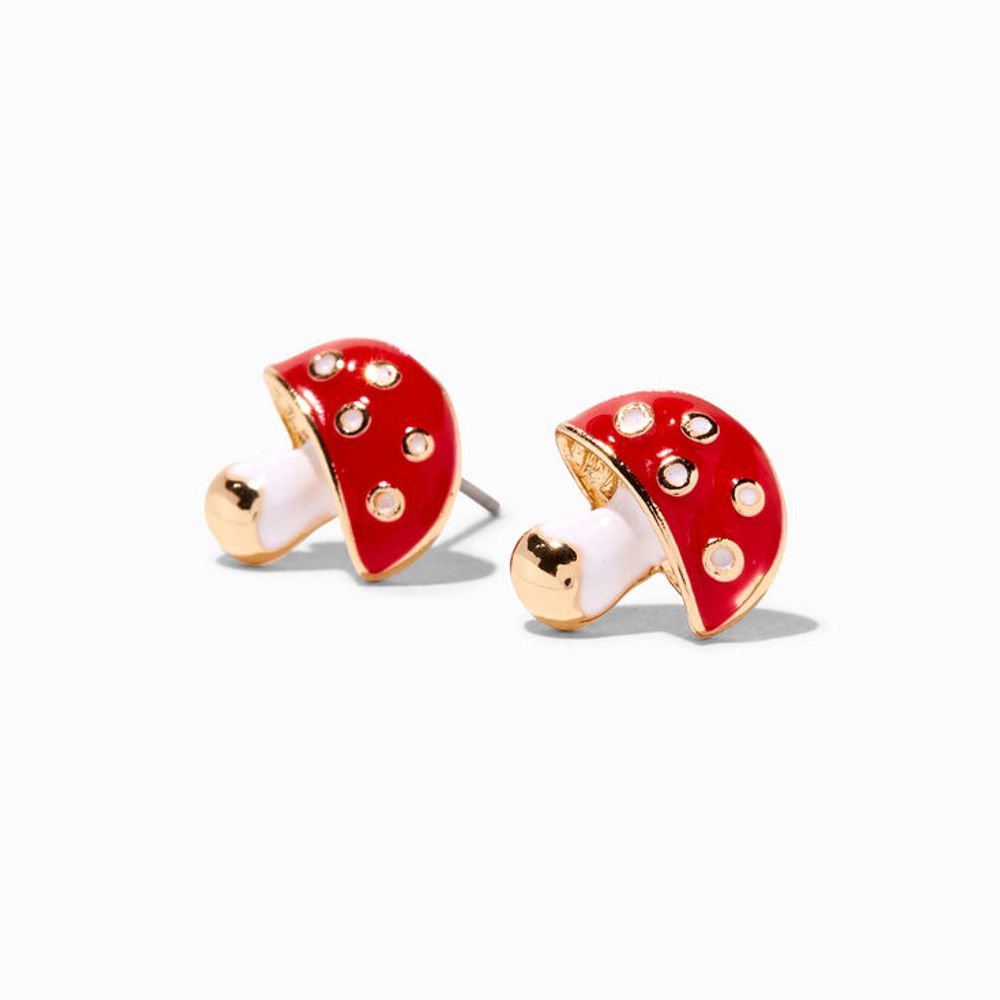 Red Mushroom Embellished Gold Stud Earrings