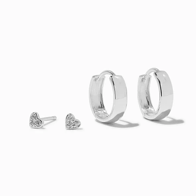 C LUXE by Claire's Sterling Silver Crystal Heart Stud & 10MM Clicker Hoop Earrings - 2 Pack