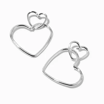 Silver-tone Double Heart Outline 2" Drop Earrings