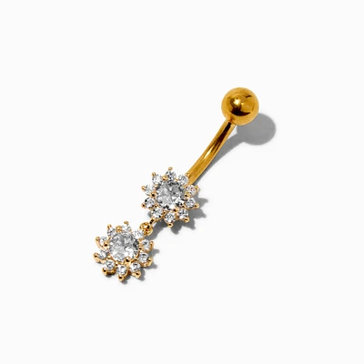 Gold-tone Stainless Steel Double Crystal Sunshine 14G Belly Bar