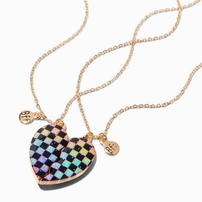Best Friends Black Rainbow Checkered Heart Pendant Necklaces - 2 Pack