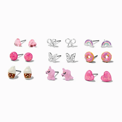 Pink Unicorn & Donut Mixed Stud Earrings - 9 Pack