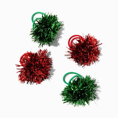 Green & Red Tinsel Pom Hair Ties - 4 Pack