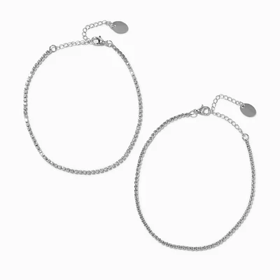 Silver-tone Rhinestone Box Chain Anklets - 2 Pack