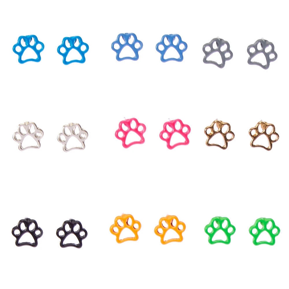 Rainbow Paw Print Stud Earrings - 9 Pack