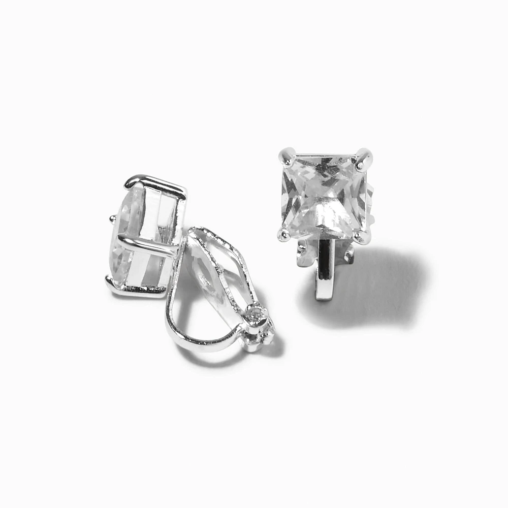 Silver Cubic Zirconia 7MM Square Clip-on Earrings
