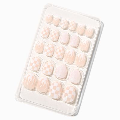 MeganPlays™ Claire's Exclusive White Checkered Flame Stiletto Press On Faux Nail Set - 24 Pack