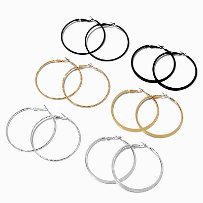 Mixed Metal 50mm Sleek Textured Hoop Earrings - 6 Pack