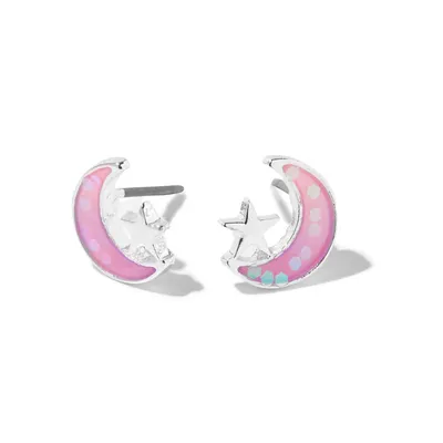 Pink Crescent Moon Silver Star Stud Earrings