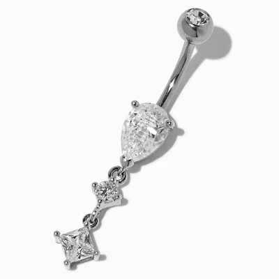 Silver-tone Stainless Steel Cubic Zirconia Teardrop 14G Belly Bar