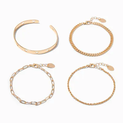 Gold Chain & Heart Cuff Bracelet Set - 4 Pack