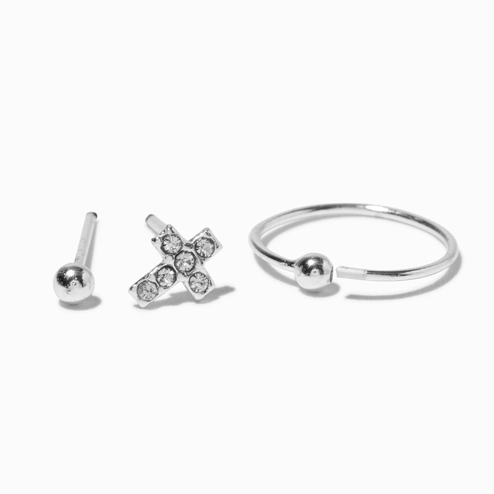 Sterling Silver 22G Cross Stud & Hoop Nose Rings - 3 Pack