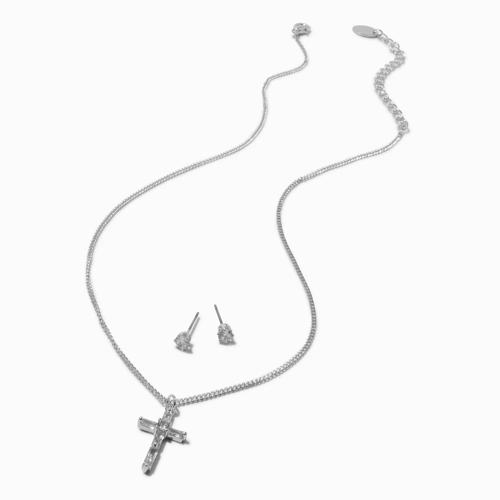 Silver-tone Cubic Zirconia Cross Jewelry Set - 2 Pack