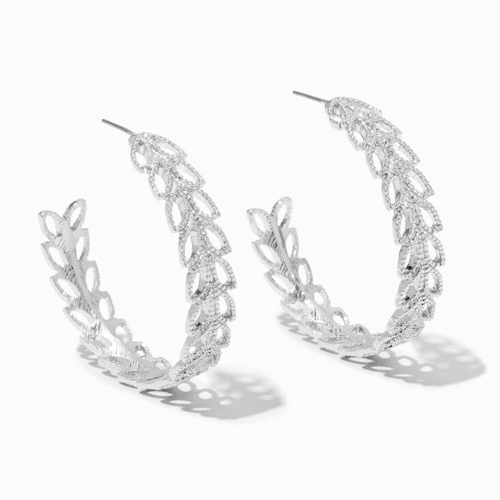 Silver 40MM Textured Leaf Hoop Earrings