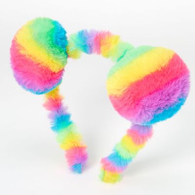 Bright Rainbow Plush Pom Pom Ears Headband