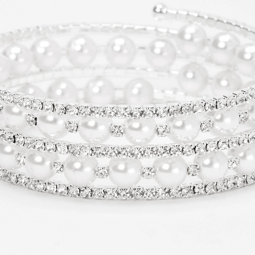 Silver Embellished Pearl Coil Wrap Bracelet