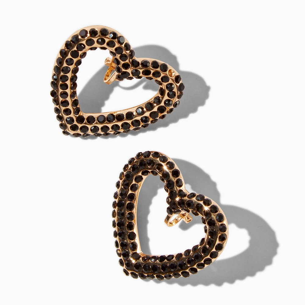 Black Rhinestone Large Heart Clip-On Stud Earrings