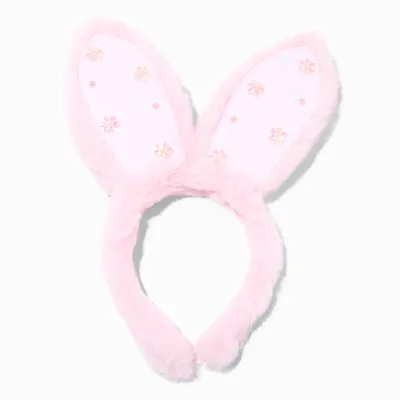 Beaded Floral Pink Plush Bunny Ears Headband
