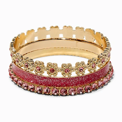 Claire's Club Pink Glitter & Gem Gold-tone Bangle Bracelets - 3 Pack