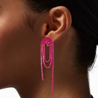 Hot Pink Rhinestone Loopy Lasso 3" Clip On Drop Earrings