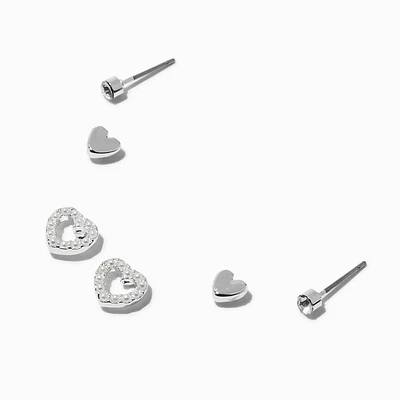 Silver-tone Stacked Pearl Heart Stud Earrings - 3 Pack