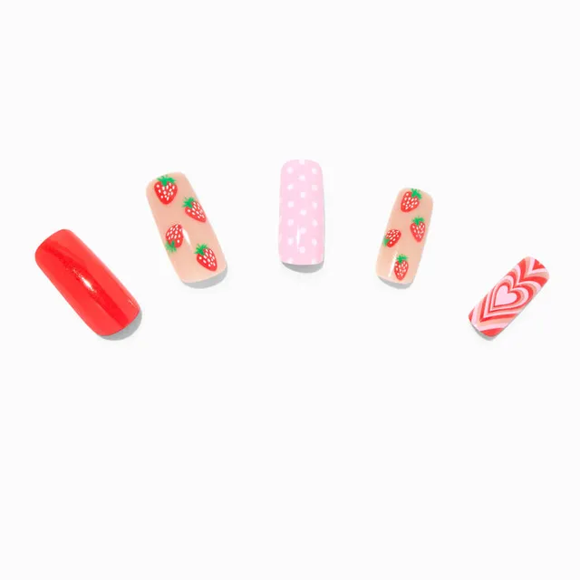 Glitter Strawberry Squareletto Vegan Faux Nail Set - 24 Pack