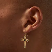 Black Stone Gold-tone Cross 1.5" Drop Earrings