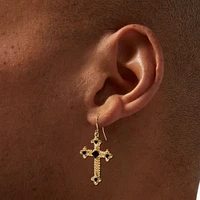 Black Stone Gold-tone Cross 1.5" Drop Earrings