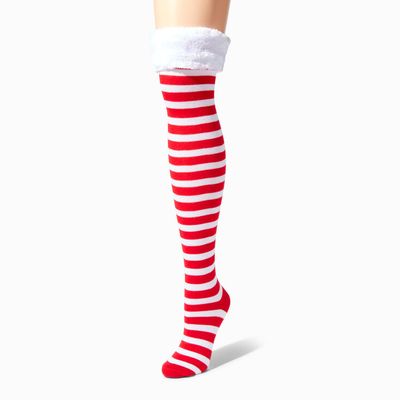 Red & White Striped Furry Trim Over The Knee Socks