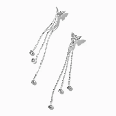 Crystal Butterfly Silver-tone Chain Fringe 3" Drop Earrings