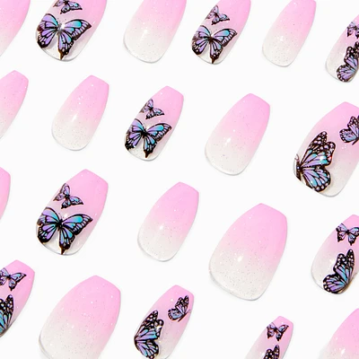 Butterfly Pink Ombre Glitter Coffin Vegan Faux Nail Set - 24 Pack