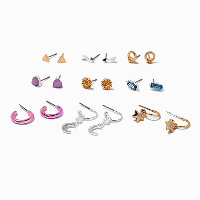 Mixed Metal Crystal Earrings Set - 9 Pack