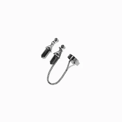 Hematite Black Mystical Gem Cuff Connector Drop Earrings